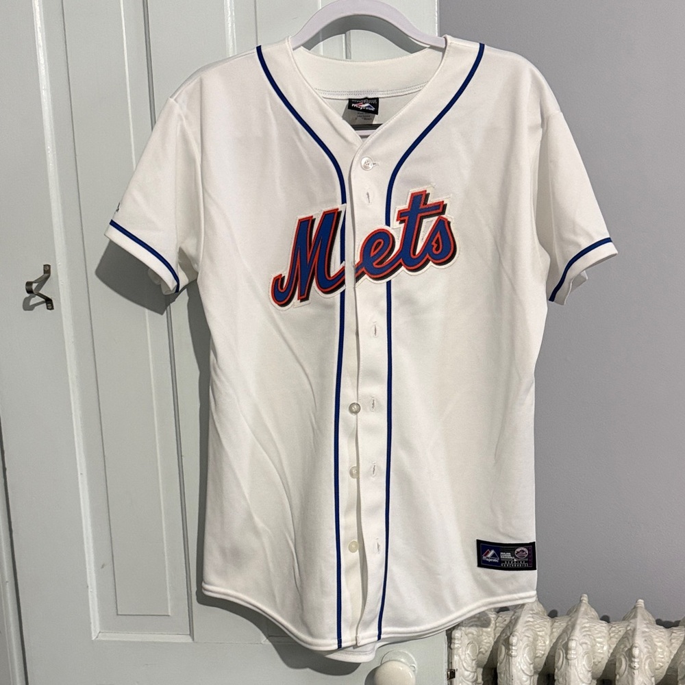 Majestic White Mets Jersey with Blue and Orange Trim